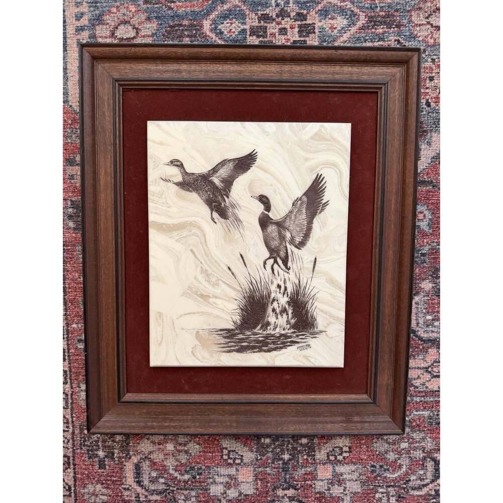 Bernard Martin Etching Ducks Signed Wildlife Art Duck Hunt Wood Frame